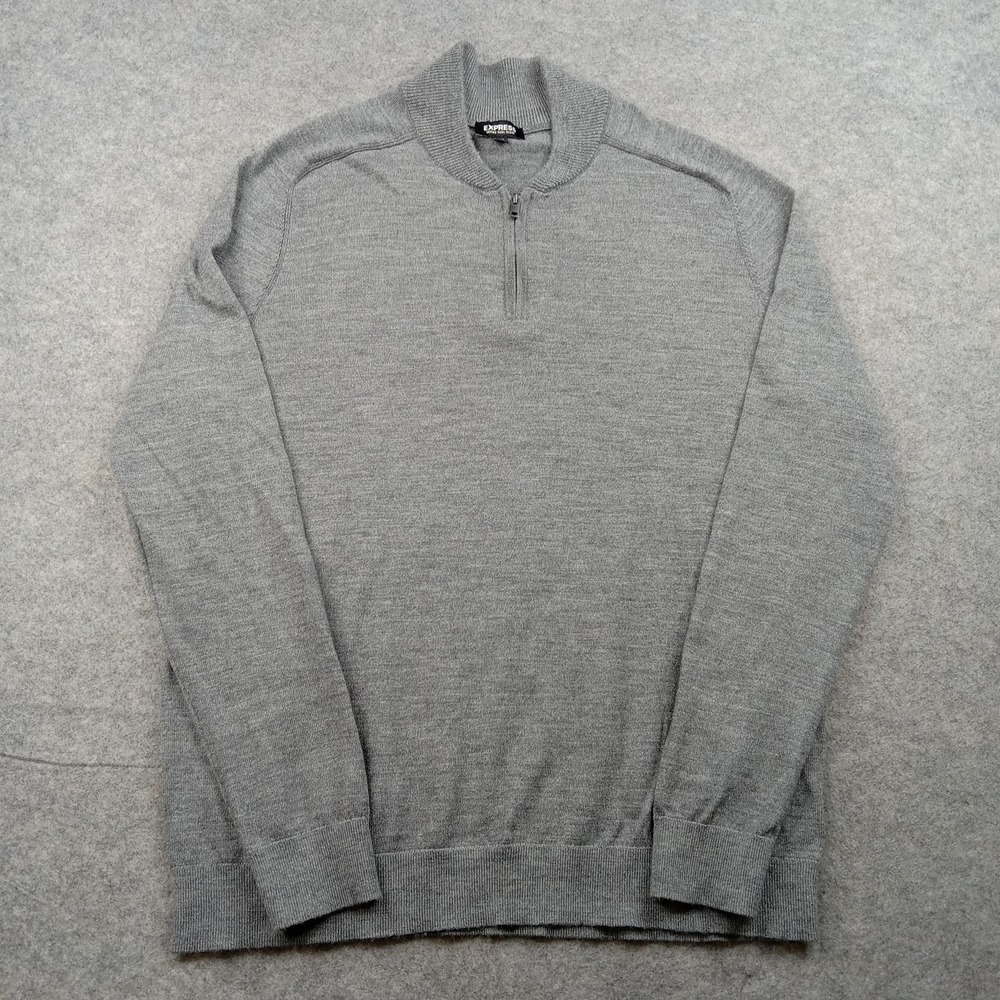 Express Sweater Mens XL Gray Merino Wool Blend Quarter Zip Mock Neck Pullover